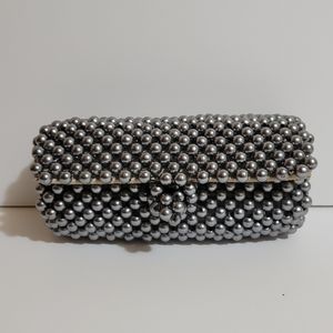 Rare Vintage Ann Robin Pewter Beaded Evening Barrel Clutch